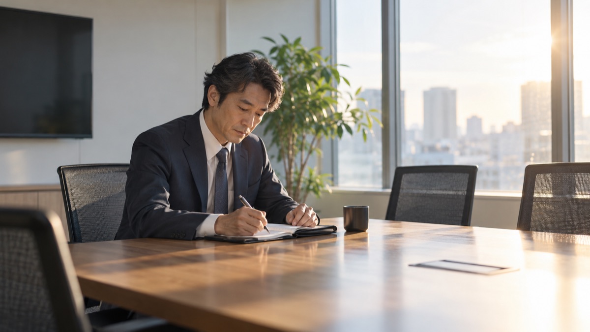 早朝の会議室で管理職が一人で手帳に短いメモを書く