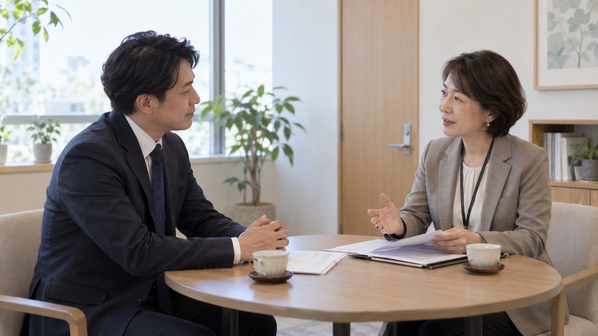 社内の相談室で管理職と人事担当者が落ち着いて話し合う