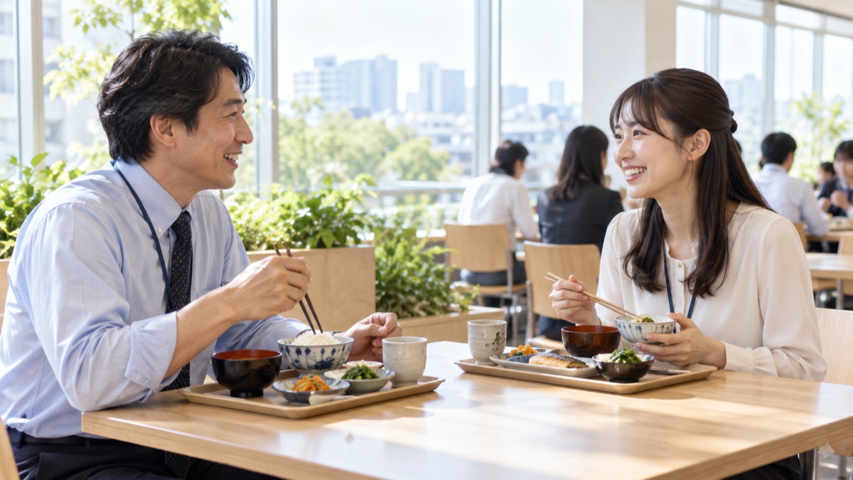 社員食堂で上司と部下が向かい合って笑顔で昼食をとる