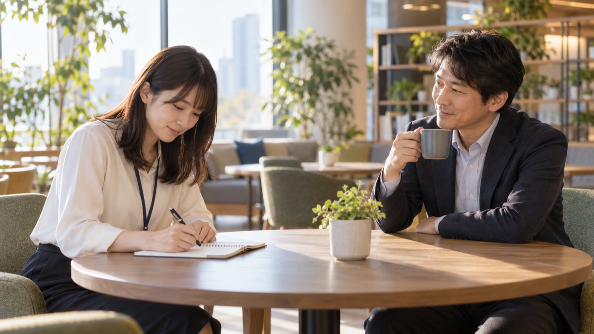 社内ラウンジで部下がノートに考えを書き、上司が急かさずに待つ