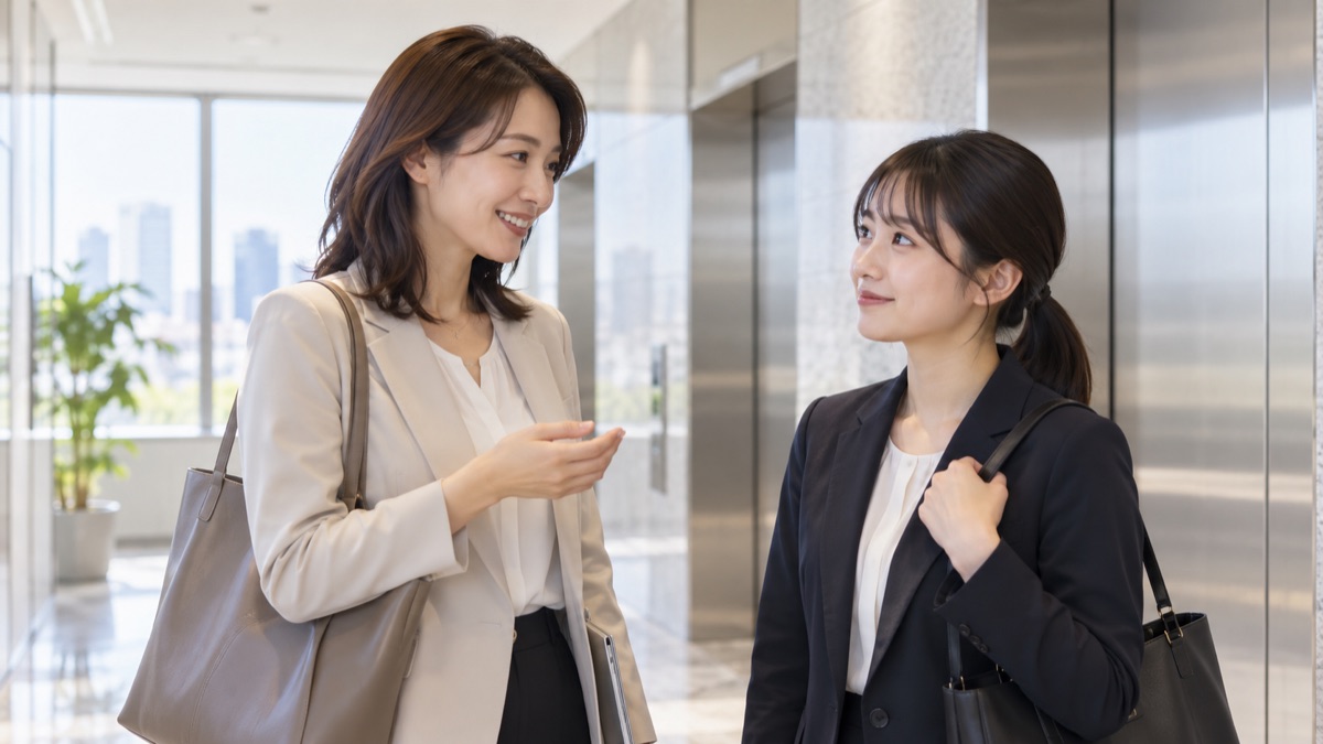 エレベーターホールで女性上司が部下に笑顔で声をかけ、部下がうなずく