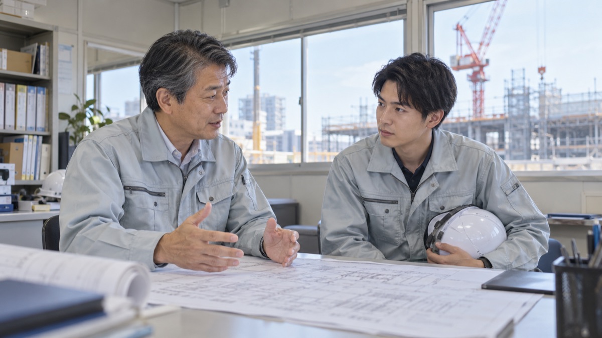 建設現場の事務所で現場監督が若手社員に図面を前に話す
