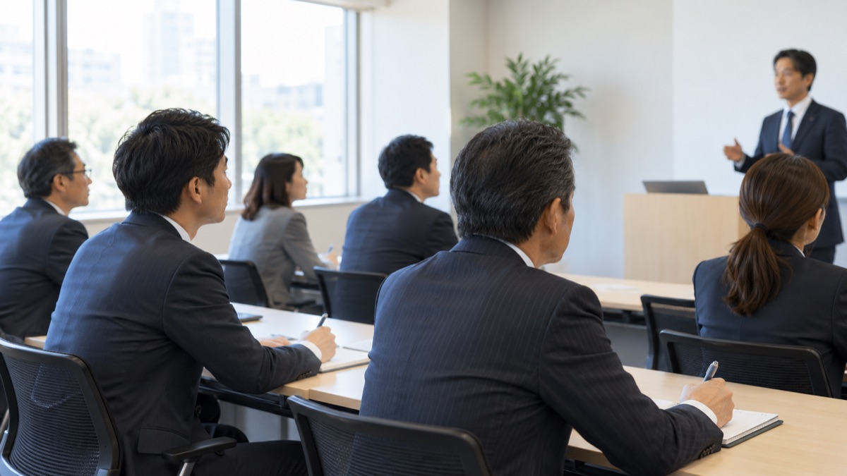 研修室で管理職たちが講師の話を聞きながらメモを取る