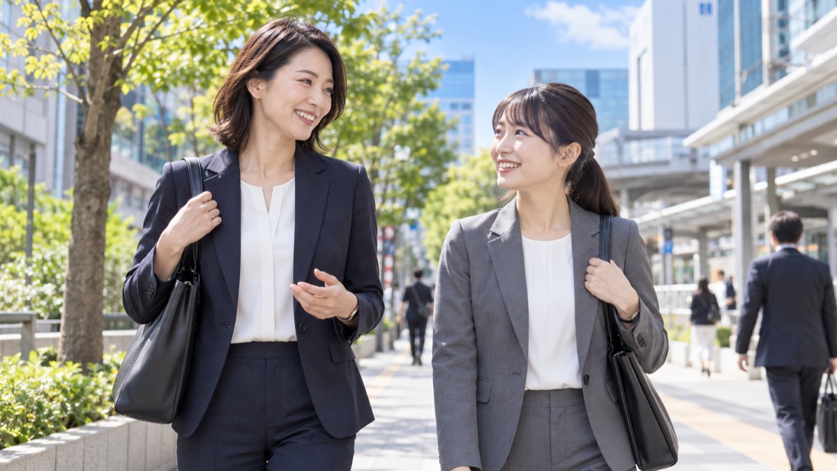 商談帰りの駅前を女性上司と部下が並んで笑顔で歩く