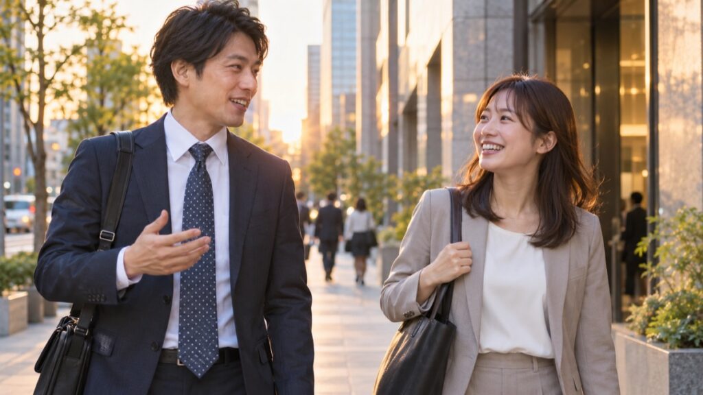 仕事帰りに同僚と笑顔で話しながら歩く男性と女性