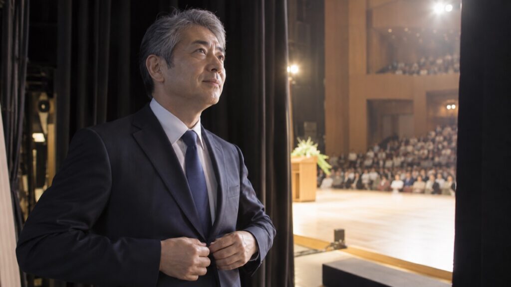 ホールのステージの袖で、新社長がジャケットのボタンを留めながら静かに息を整えている