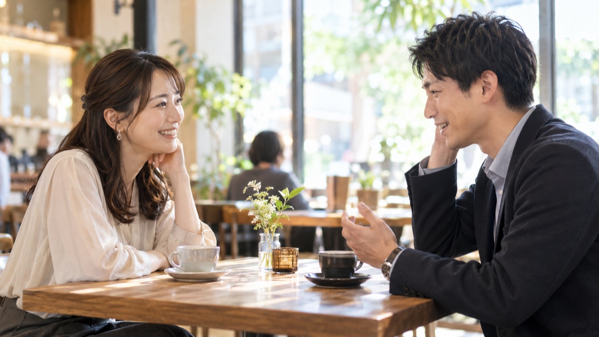 カフェで少し照れながら自分のことを話す男性