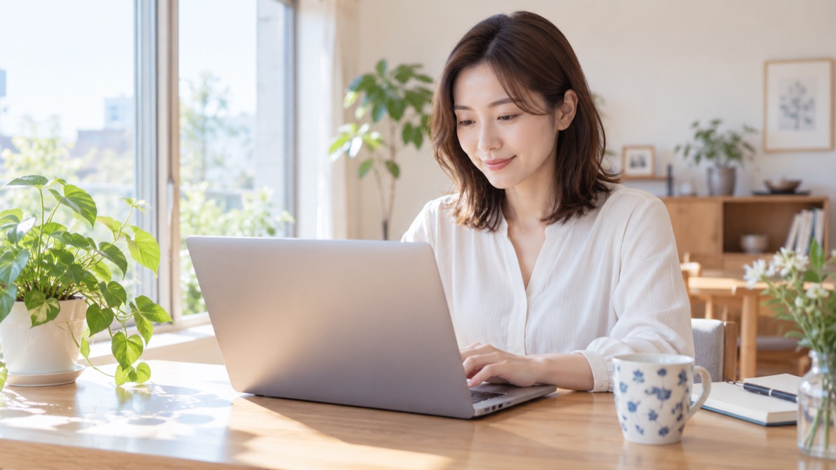 自宅の窓際の机でノートパソコンに向かい一人で作業する女性