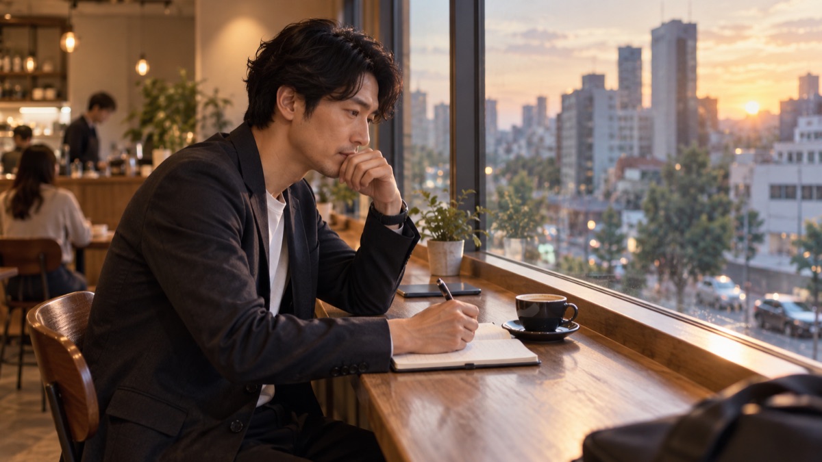 カフェのカウンター席で手帳に書き込みながら仕事探しを考える男性