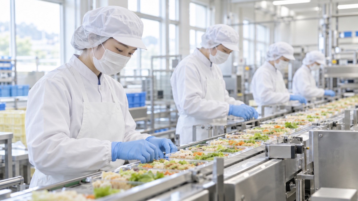 食品工場の製造ラインで製品を黙々と確認する作業員たち