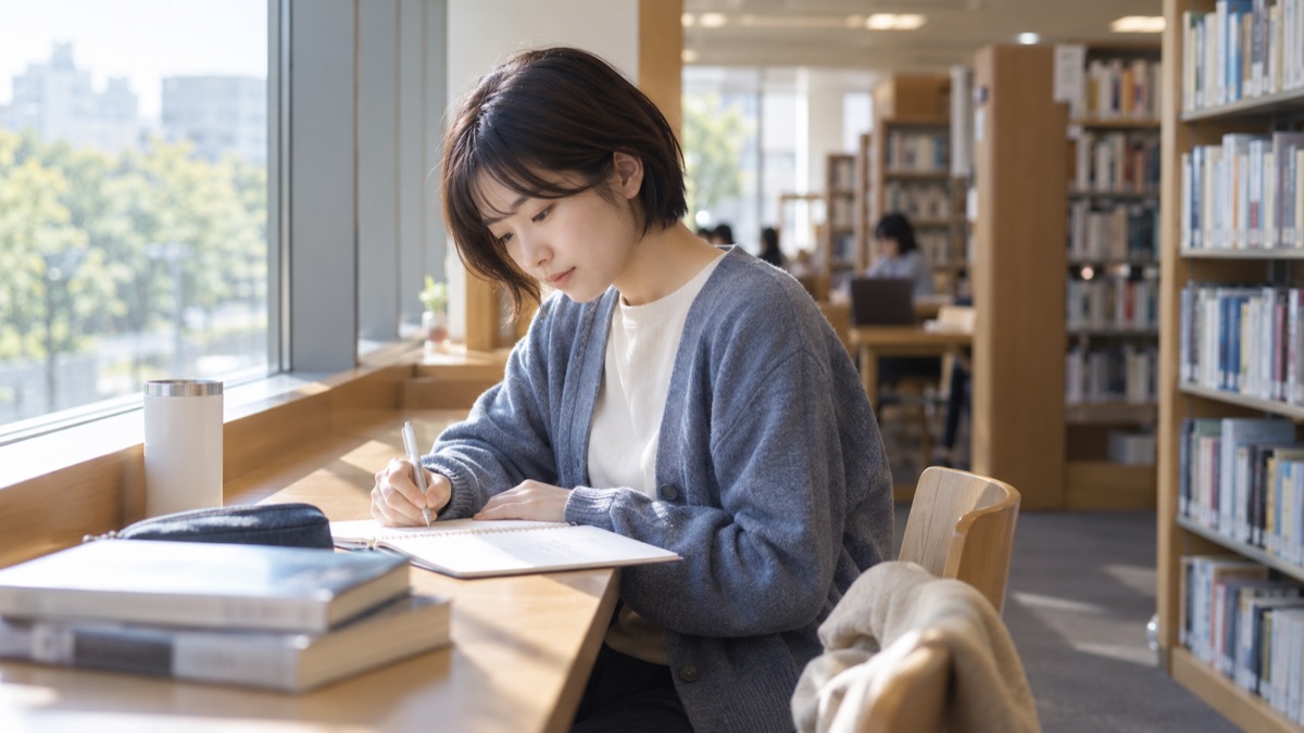 図書館の閲覧席でノートに自分の向き不向きを書き出す女性