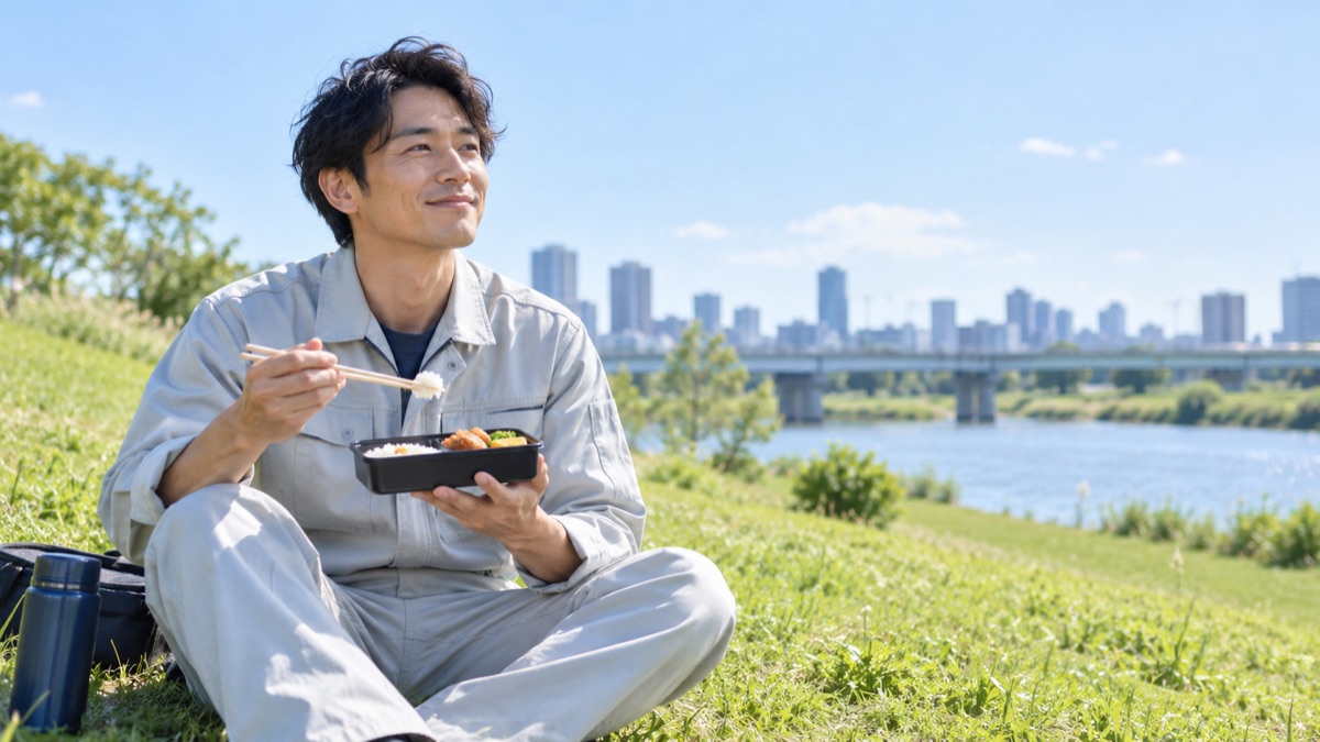 河川敷の芝生でお弁当を食べながら休憩する作業着の男性