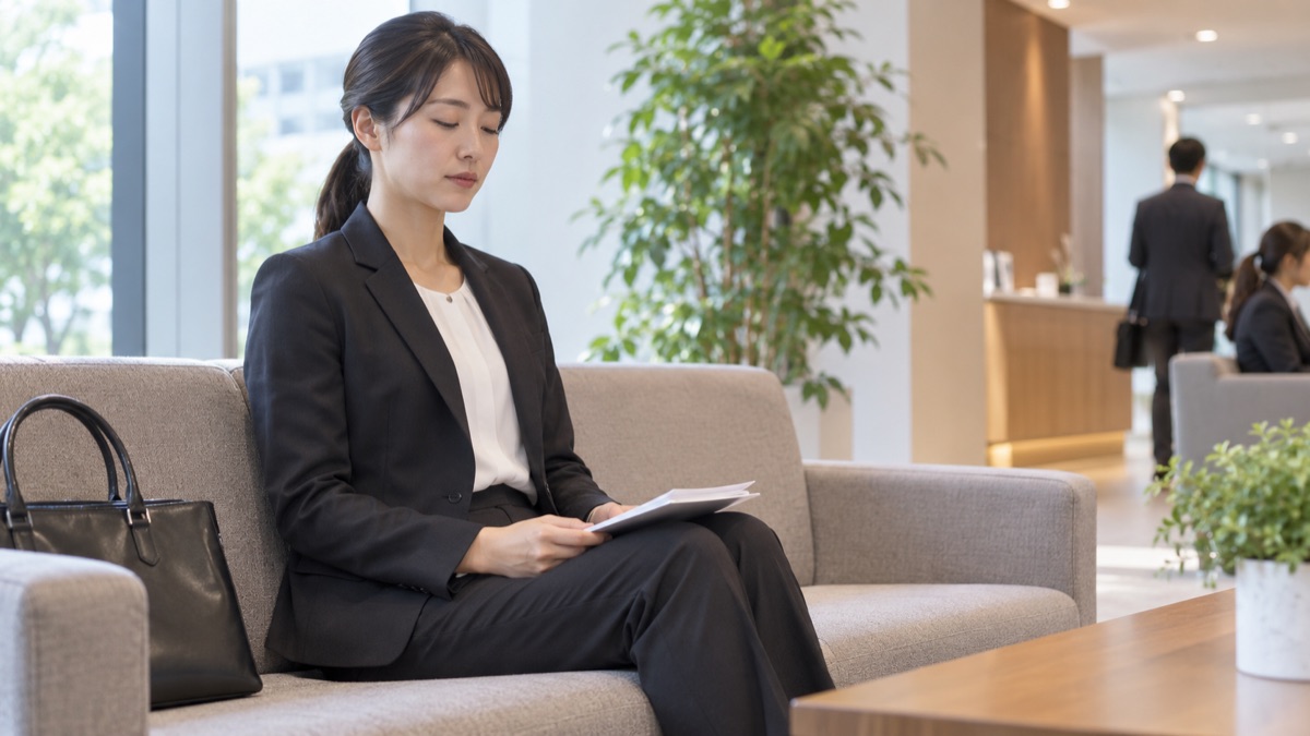 面接会場の待合ロビーでメモを見返しながら深呼吸する女性