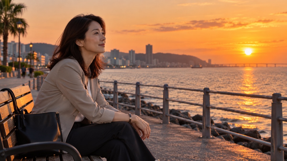 夕暮れの海沿いの遊歩道のベンチで一息つく女性