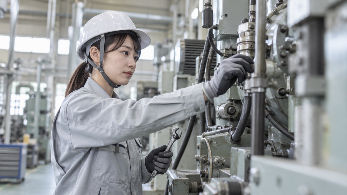 工場の機械設備をヘルメット姿で点検する女性