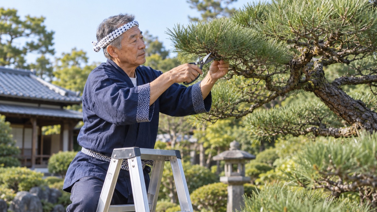 日本庭園で脚立に乗り松の枝を手入れする植木職人