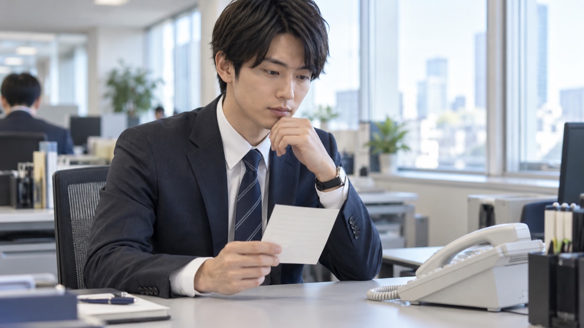 会社の自席で電話の前にメモを手に一呼吸おく男性