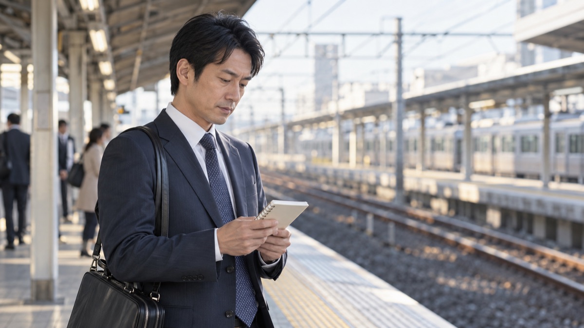 朝の駅のホームでメモ帳を見返すスーツ姿の男性