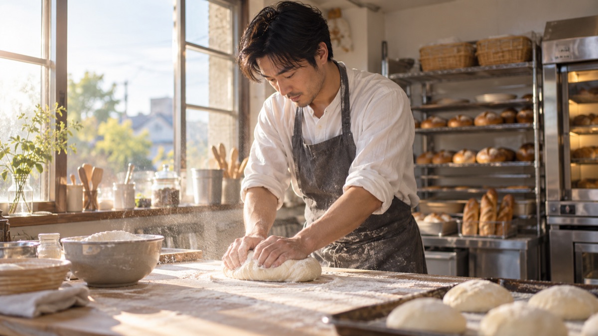 早朝のパン工房で一人で黙々と生地をこねる職人