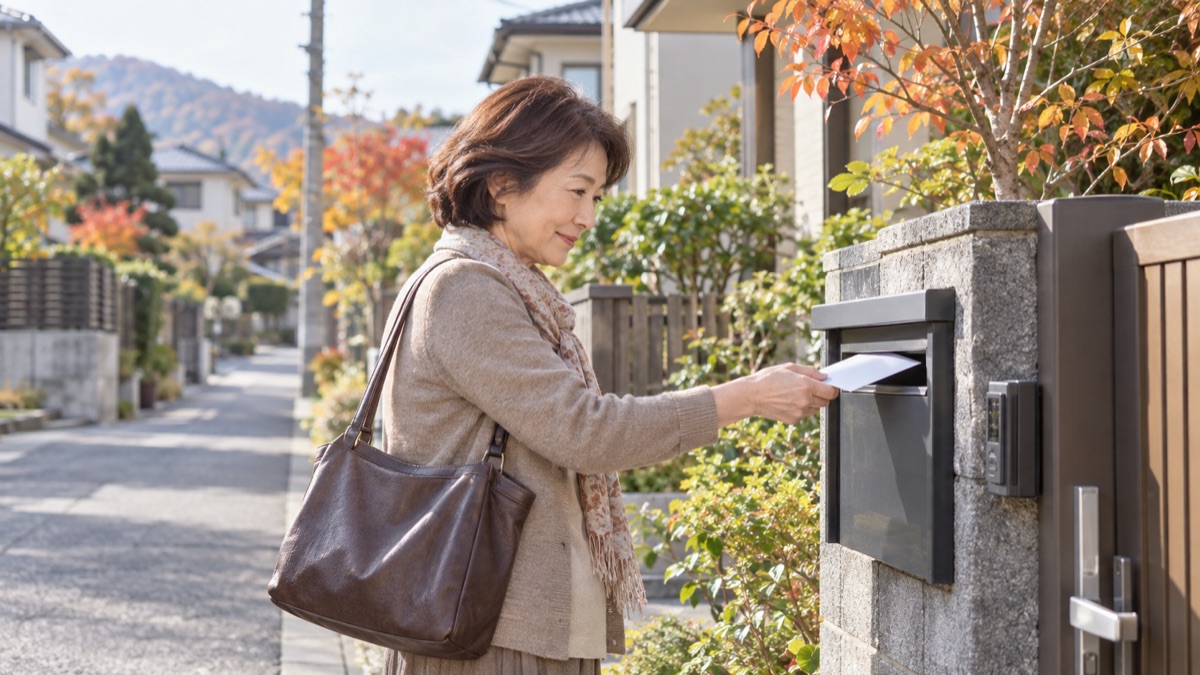 住宅街で一軒ずつポストにチラシを配る女性