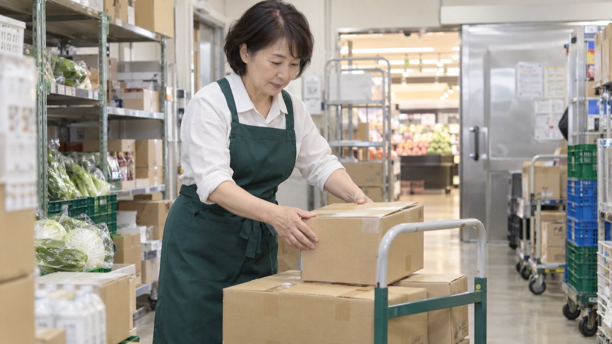 スーパーのバックヤードで商品を整理するスタッフ