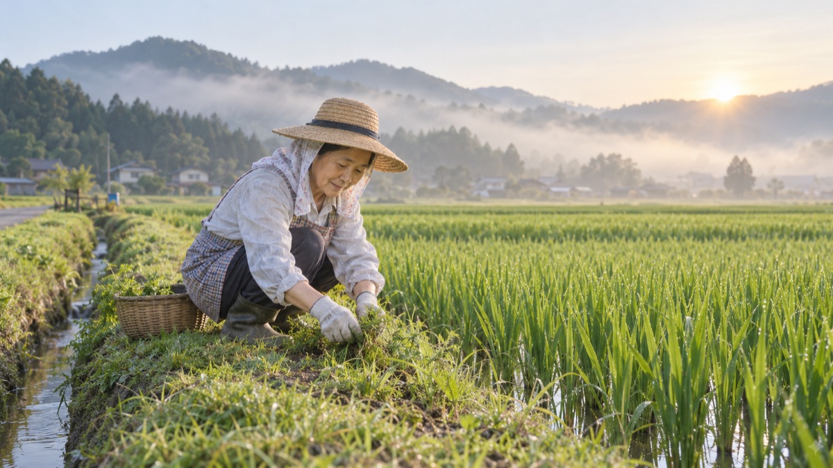 早朝の田んぼで一人で草取りをする女性