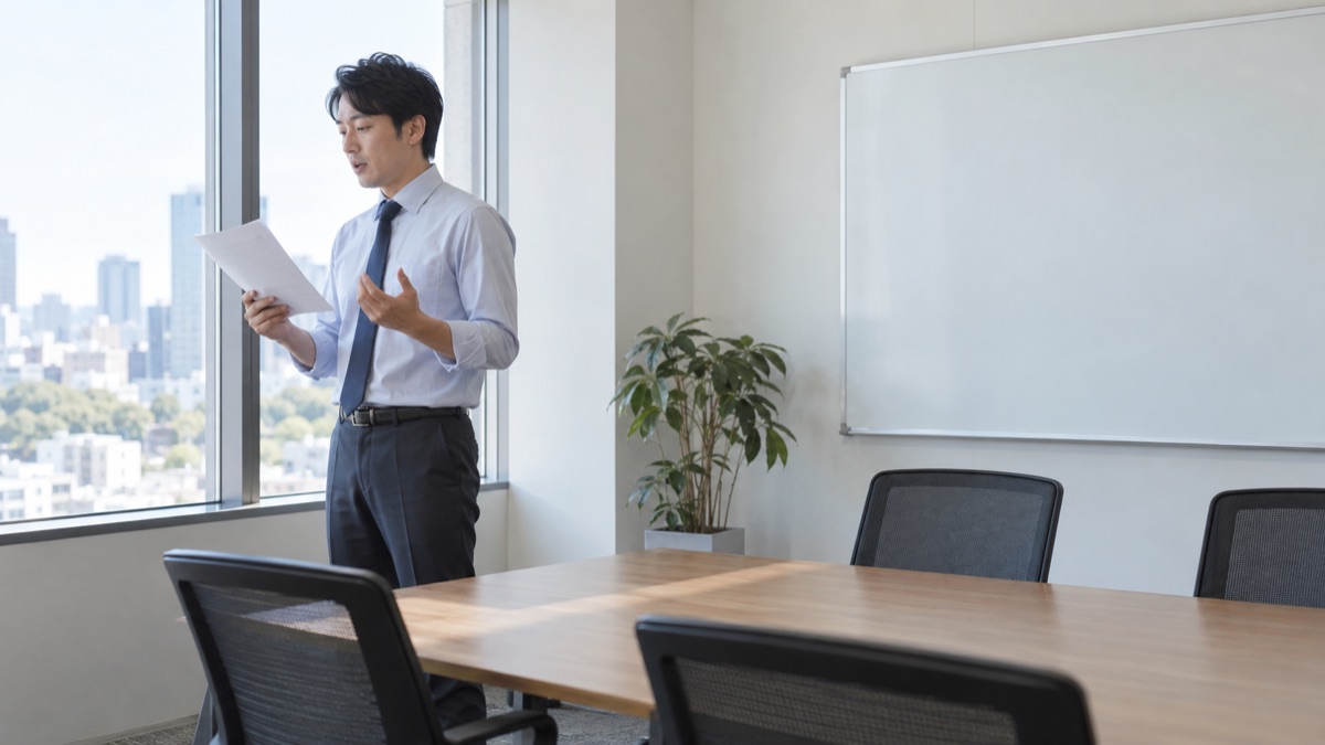小さな会議室で一人で話す練習をする男性
