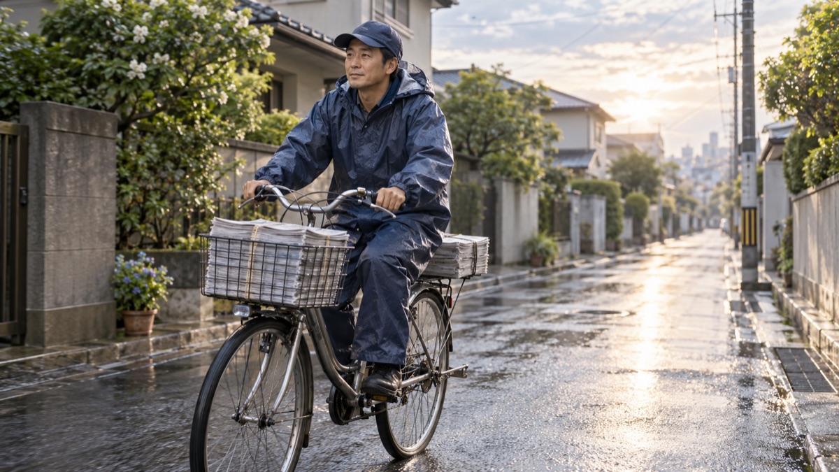 雨上がりの早朝に自転車で新聞を配る男性