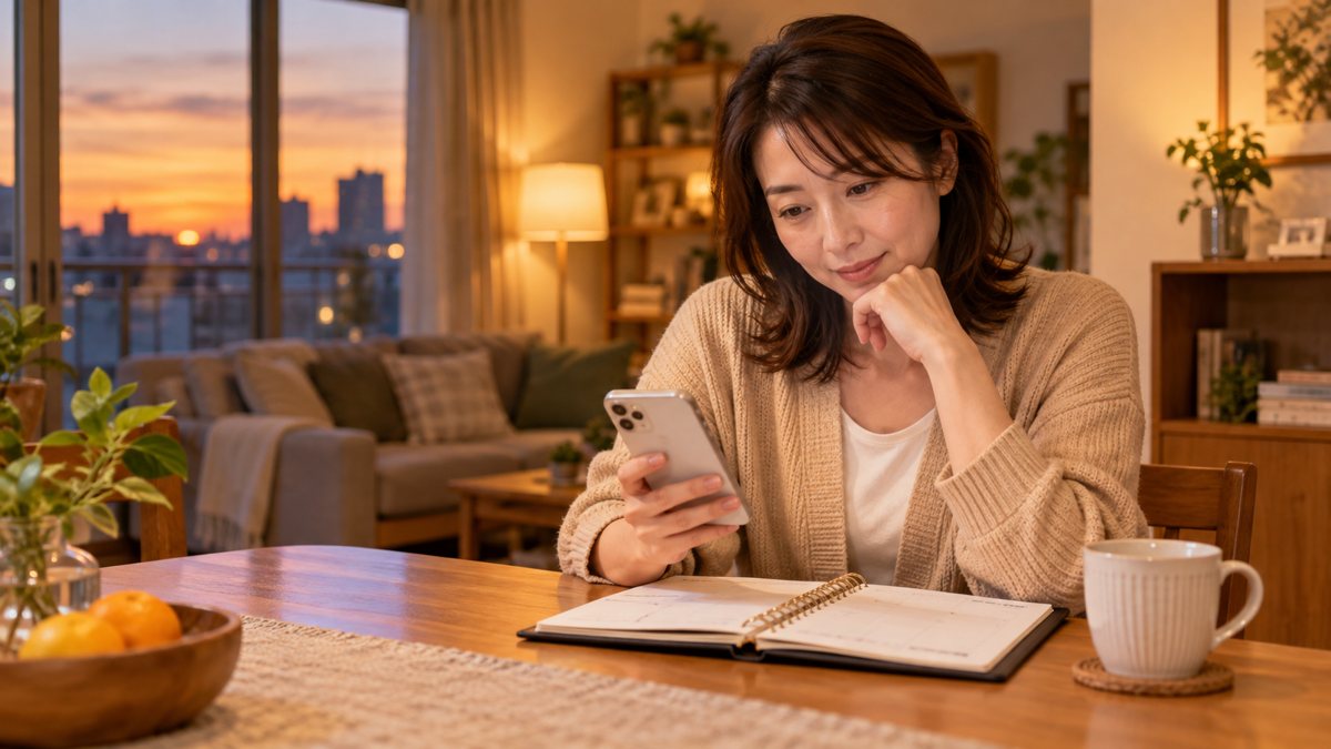 自宅でスマートフォンと手帳を見比べて通う曜日を考える女性