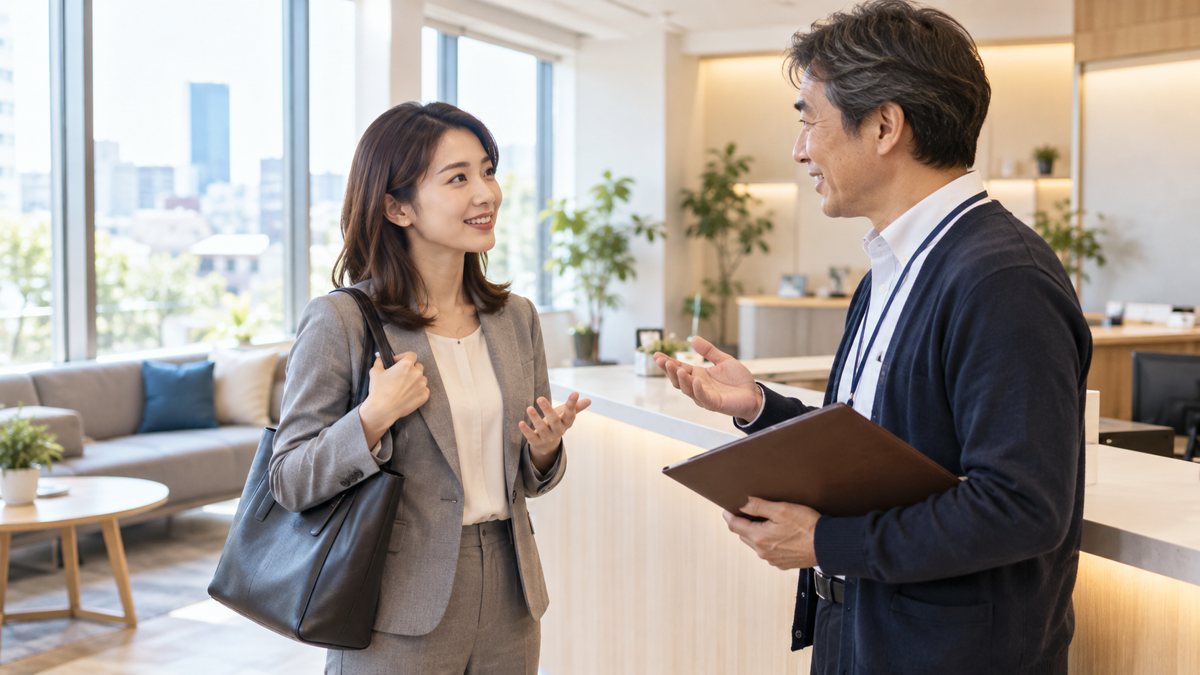 教室の受付で体験レッスンについて質問する会社員
