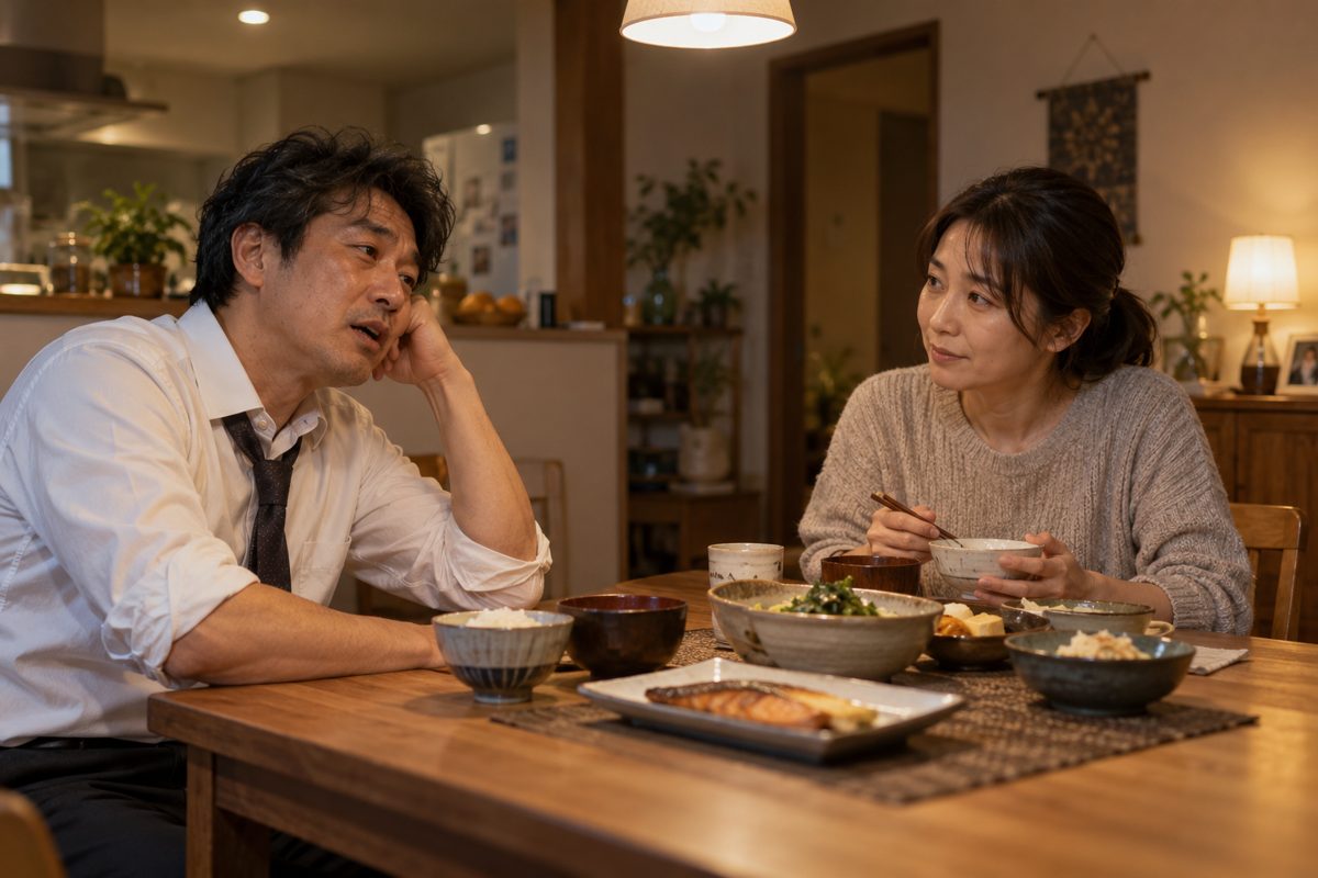 仕事帰りに自宅で「めんどくさい」とこぼす男性と話を聞く妻
