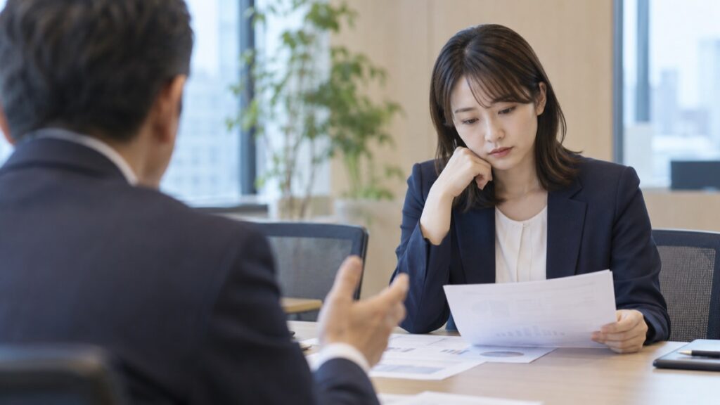 会議で上司の説明を聞きながら、資料を見つめて考え込む女性社員