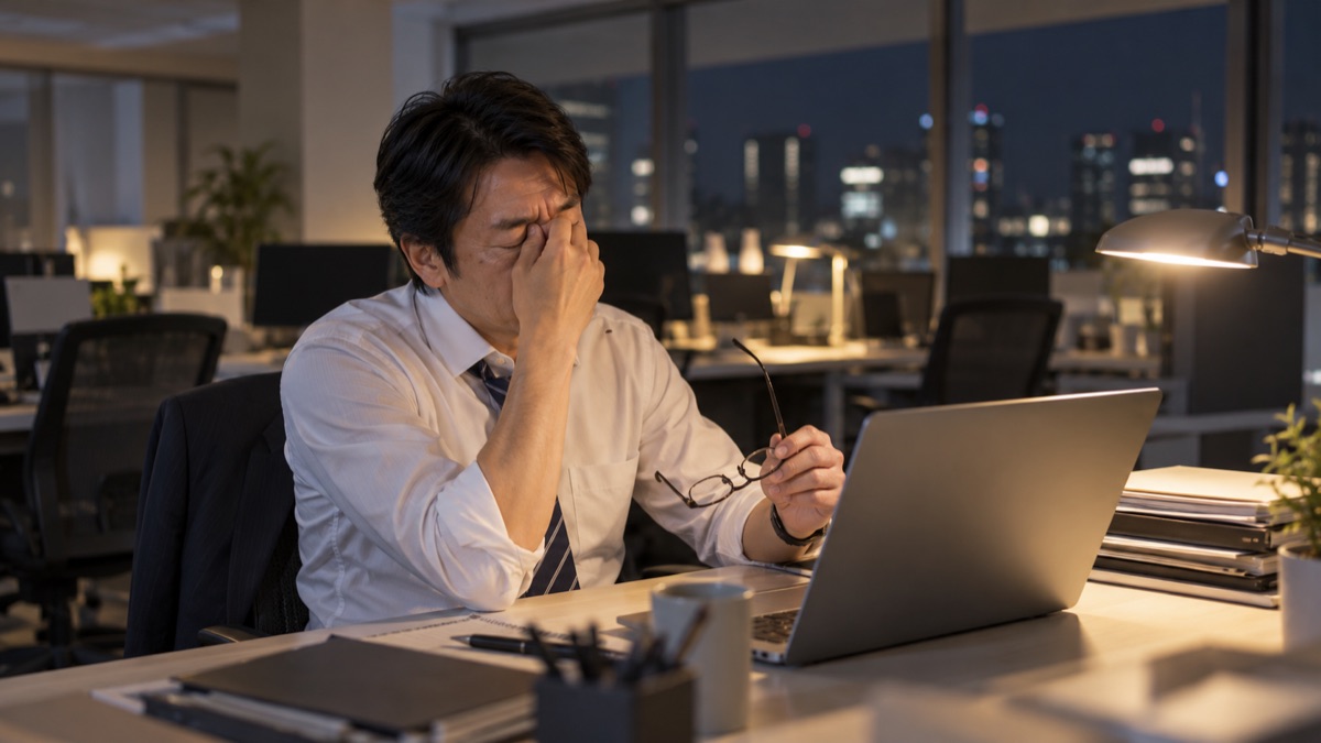 夜のオフィスで、パソコンの前で目頭を押さえて一息つく男性社員