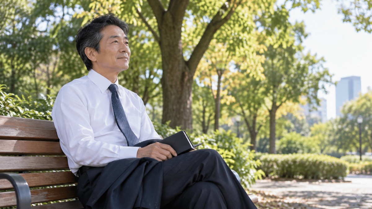 公園のベンチで手帳を持ち、木々を眺めて静かに考える男性