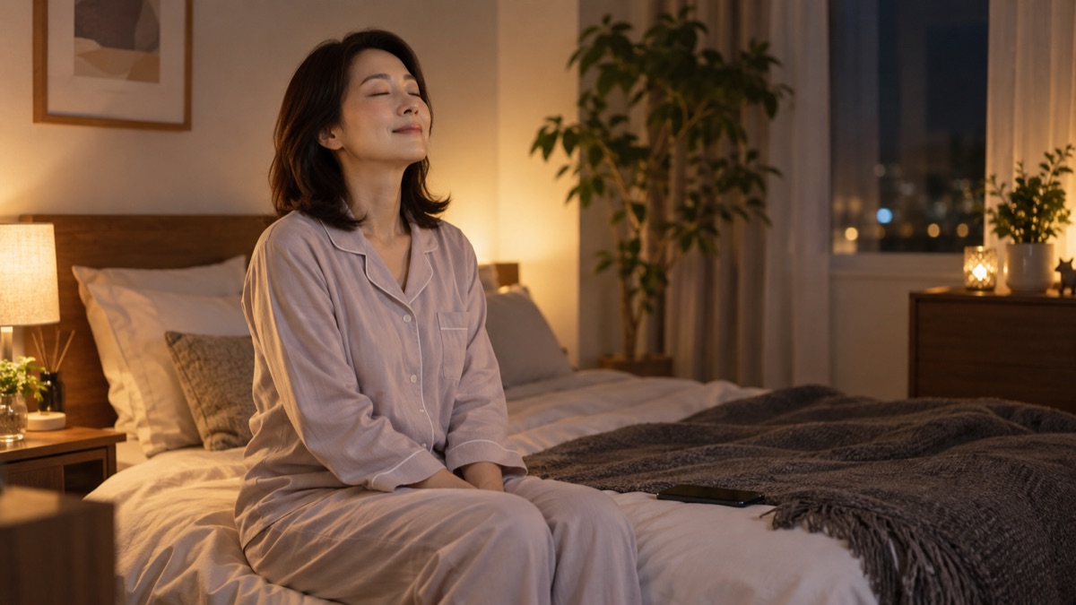 照明を落とした寝室で、ベッドの端に座り目を閉じて深呼吸する女性