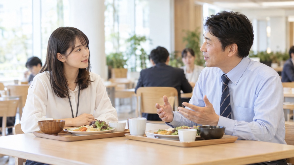 社員食堂で箸を置き、向かいの同僚の話を最後まで聞く女性