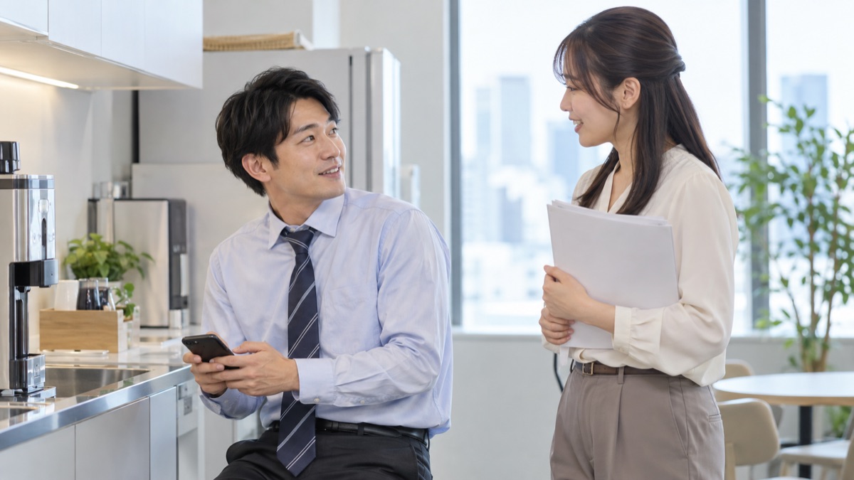 給湯室で話しかけられ、スマートフォンから顔を上げて同僚に向き直る男性