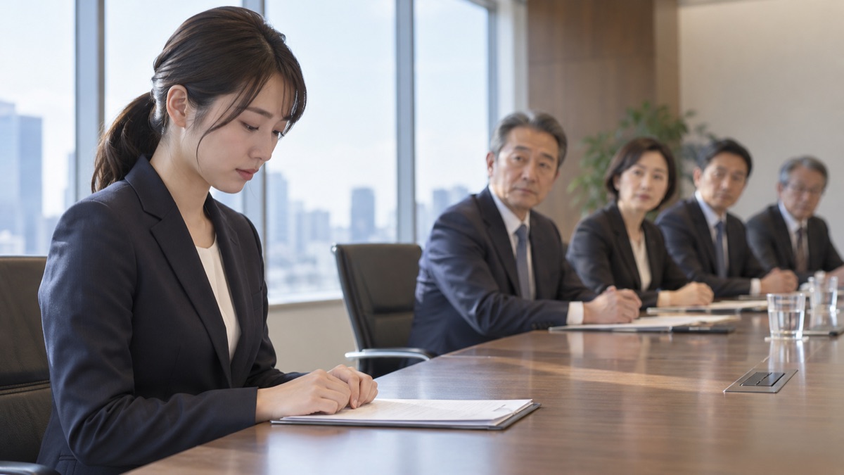 役員が並ぶ会議室で、自分の番を待ちながら小さく深呼吸する女性社員