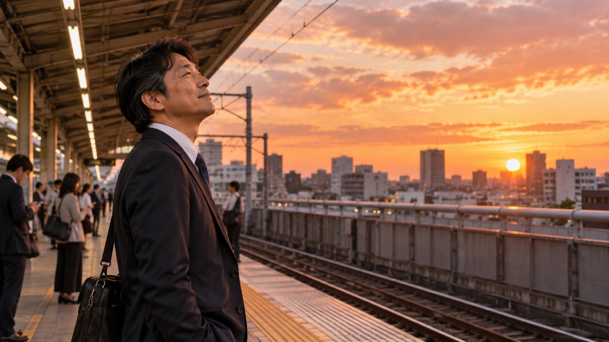 夕方の駅のホームで、空を見上げて肩の力を抜く男性会社員