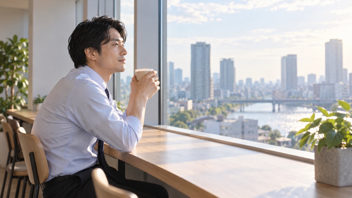 休憩スペースの窓ぎわの席で、外を眺めて静かに座る男性社員