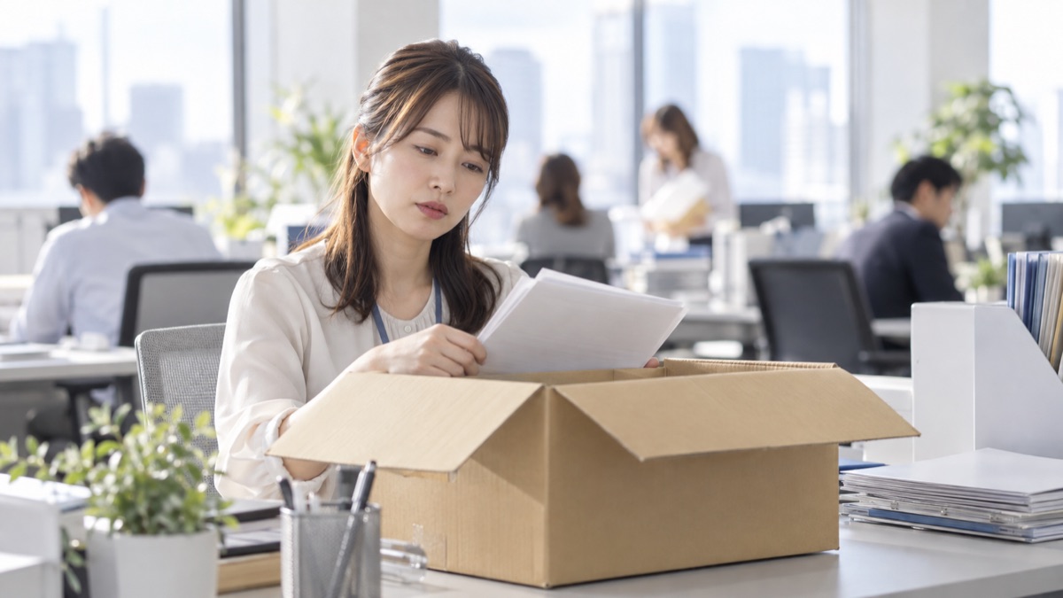 異動先の新しい席で、段ボール箱から書類を出しながら小さく息をつく女性社員
