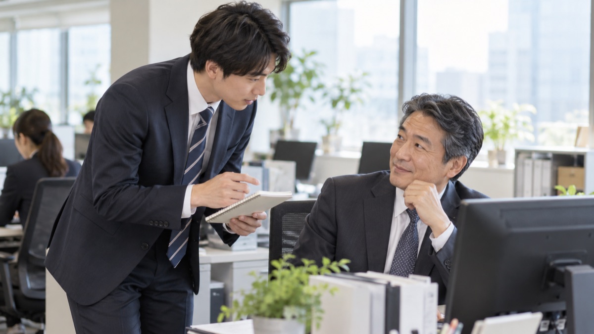 上司のデスクの横で、メモを見ながら指示を確かめる若手社員