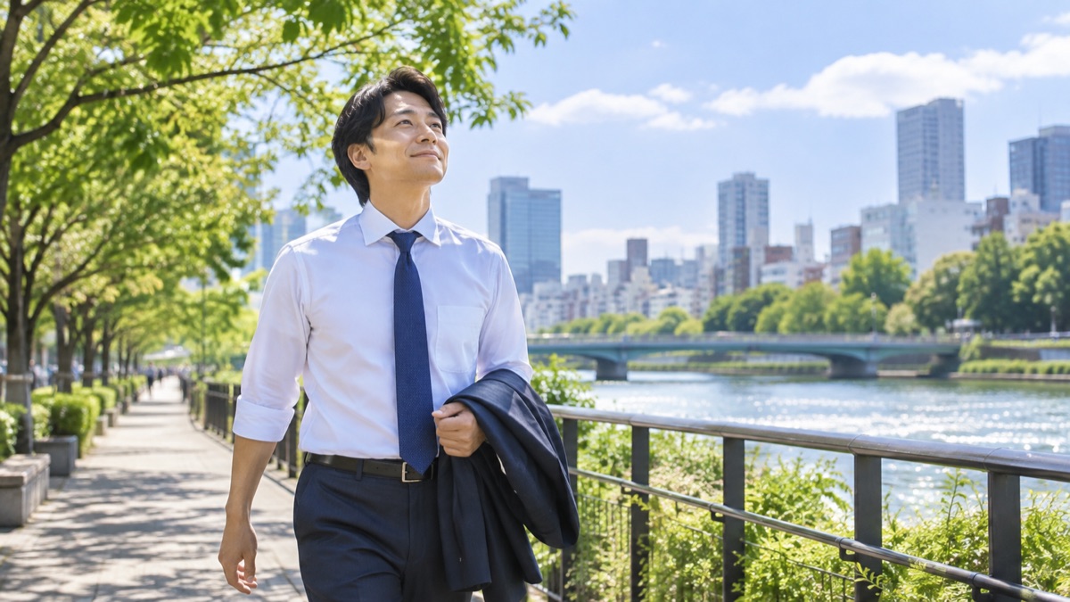 昼休みに川沿いの遊歩道を歩き、空を見上げて気分転換する男性会社員