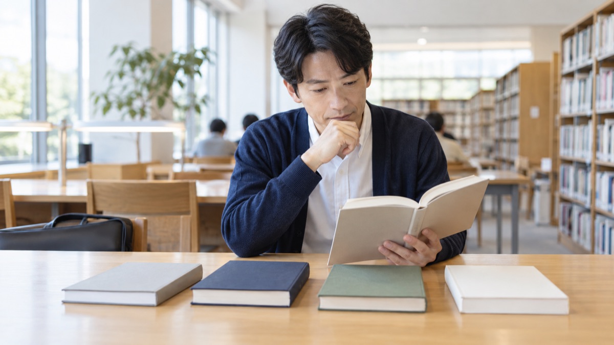 図書館の机に聞く力の本を並べて読み比べる男性会社員