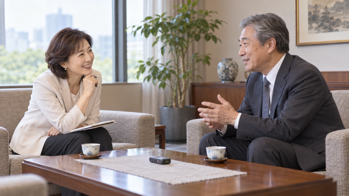 応接室で身を乗り出してゲストの話に耳を傾けるインタビュアー