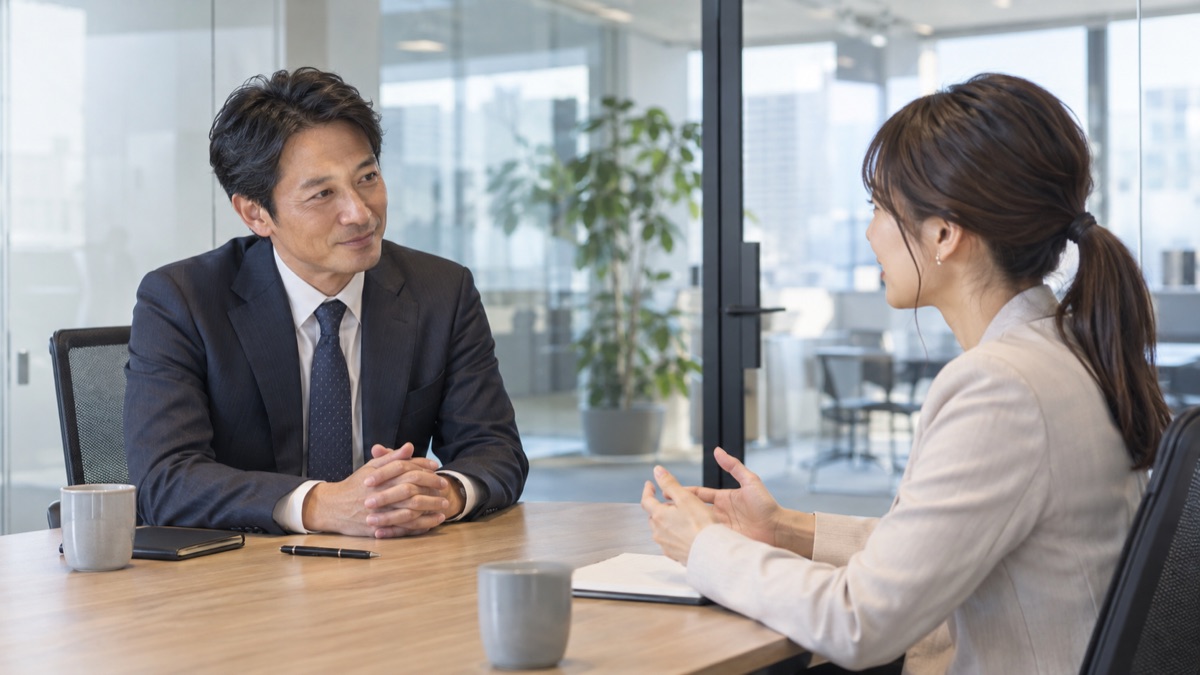 1対1の面談で部下の話に体を向けて聞く上司