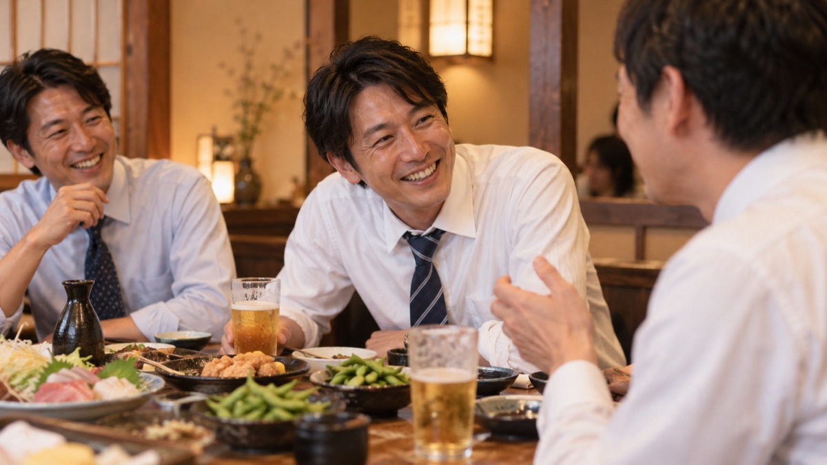 居酒屋で同僚の話に笑顔で聞き入る男性会社員
