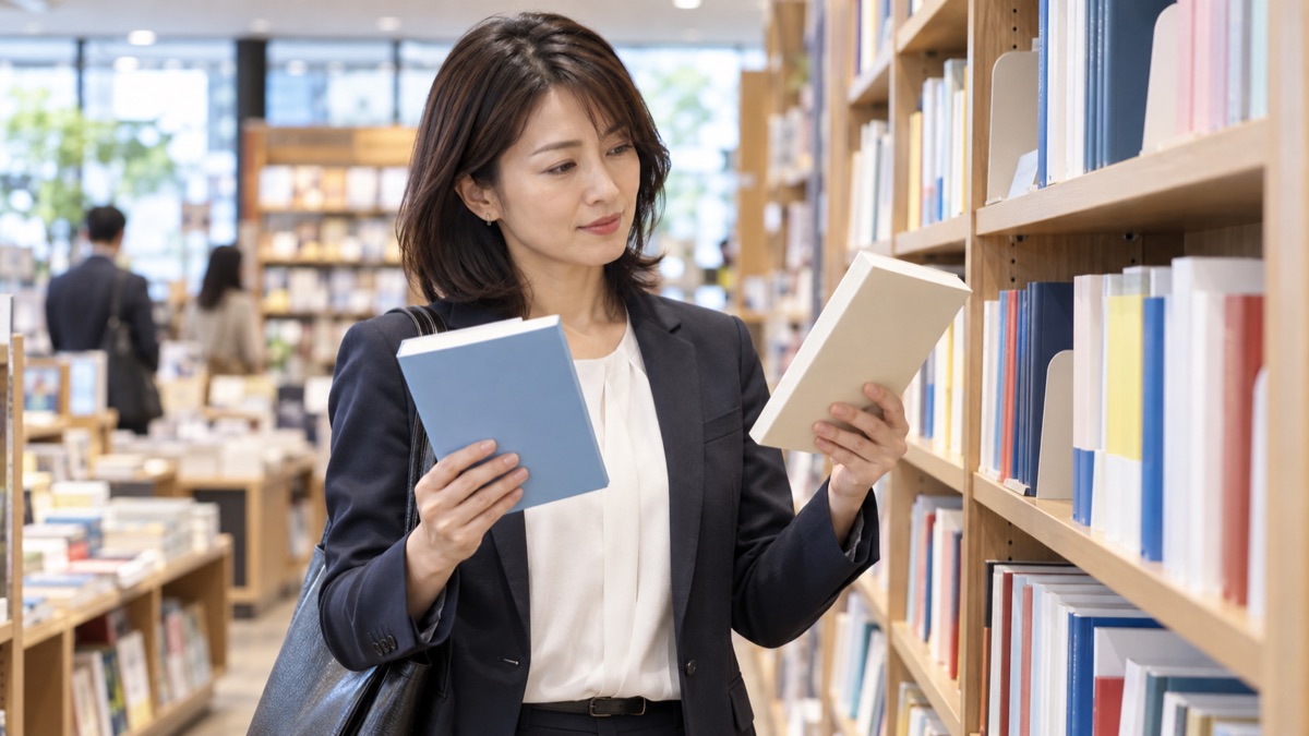 書店のビジネス書の棚の前で2冊の本を見比べる女性会社員