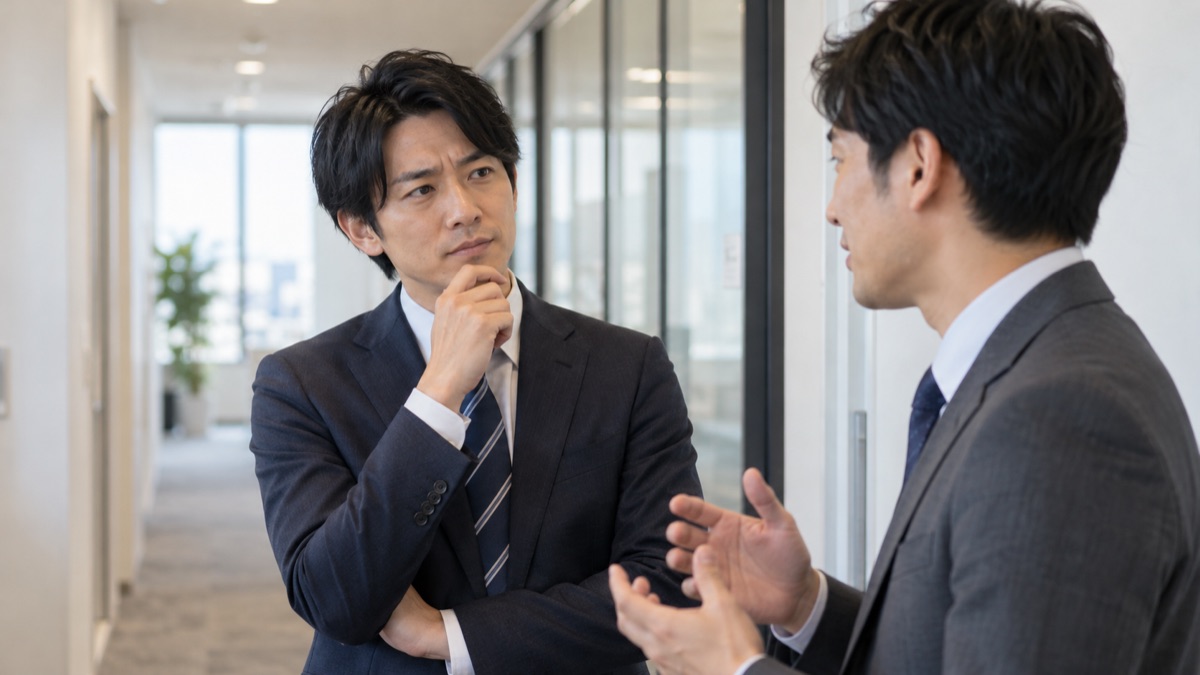 オフィスの廊下で同僚の話を聞きながら考えこむ男性会社員