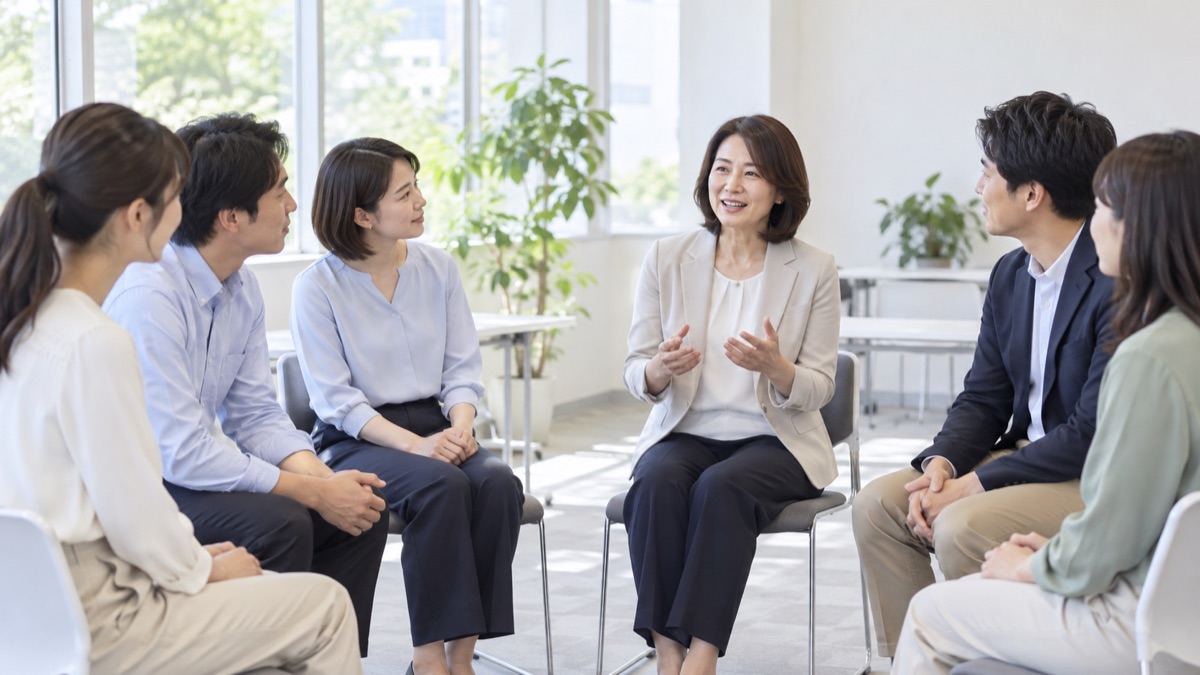 研修室で半円に座り、話している人に耳を傾ける社会人たち
